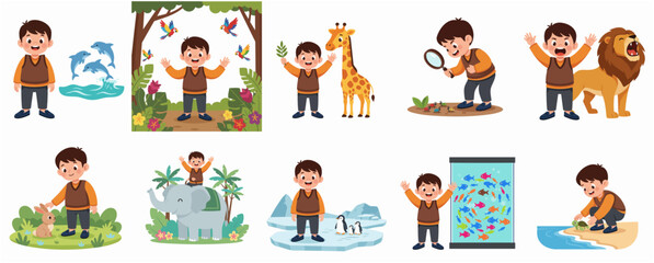 Cartoon Style Set of Boy with Different Animals and Environments Illustration © ArtlowMedia