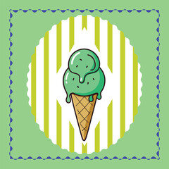 Delicious green ice cream cone in a striped background.