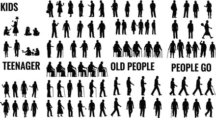People silhouettes collection featuring kids teenagers adults and old people walking standing and sitting isolated on white background human life stages concept