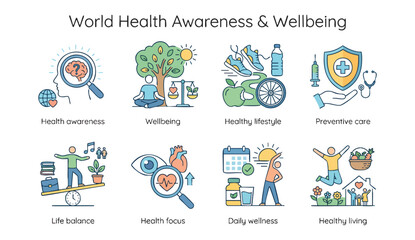 Fototapeta premium World Health Awareness and Wellbeing Icons for Healthy Living