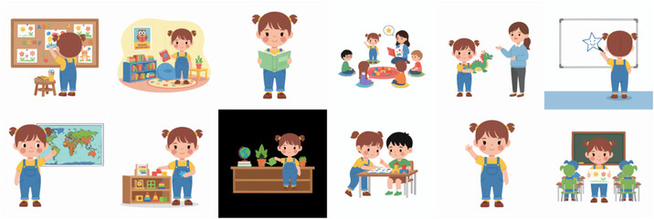 Cartoon Flat Little Girl Different Activities in Kindergarten Illustration Set © ArtlowMedia