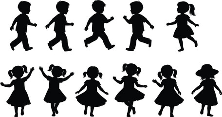 Collection of happy children silhouettes running and playing, featuring boys and girls in playful poses isolated as black figures on white background. © Jamayat