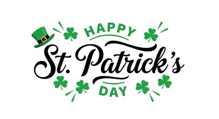 Fototapeta premium Happy st patricks day greeting with shamrocks and leprechaun hat on white background