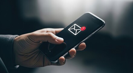 A hand holding a smartphone with an email notification