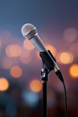 Obraz premium Lone microphone on stage with blurred bokeh lights in background