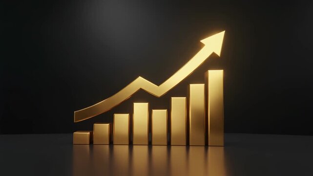 Golden bar graph with an upward trending arrow on a dark reflective surface chart animated