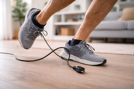 Person tripping over tangled electric cable while walking indoors, home accident hazard with loose wire on floor, safety risk concept showing footwear and legs in motion, domestic danger scene, workpl