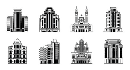 Fototapeta premium Collection of famous architectural landmarks depicted in linear style