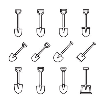 Collection of Diverse Shovel Icons and Line Art Illustrations