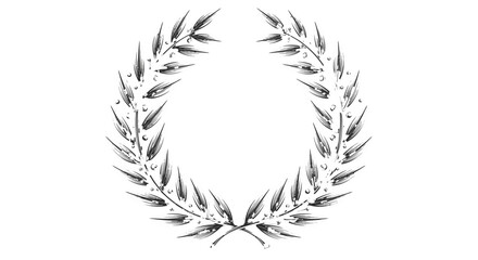 Black and white laurel wreath illustration on white background.