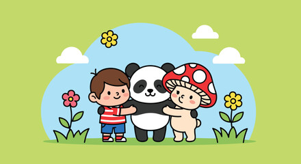 Obraz premium Cartoon boy hugging panda and bear.
