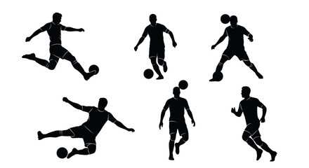 Silhouettes of soccer players in various dynamic poses.