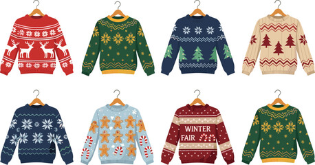 Ugly christmas sweater collection with festive winter patterns reindeer snowflakes trees and holiday knitted vector set © Khadiza