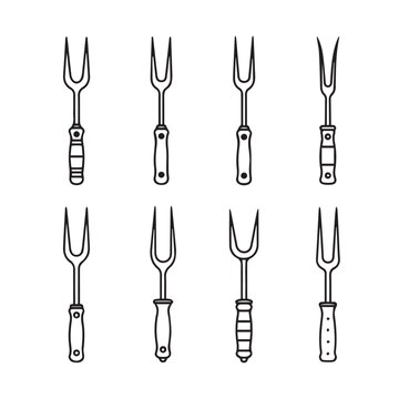 Collection of Meat Forks and Carving Forks in Outline Style Kitchen Utensils