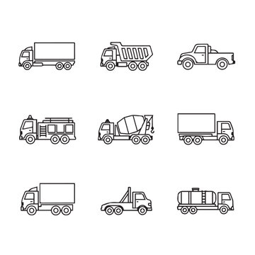 Collection of nine different truck line art icons including dump box cement mixer and fire trucks