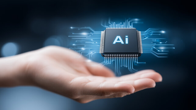 AI microchip floating above an open hand, symbolizing artificial intelligence power, computing innovation, and smart technology.
