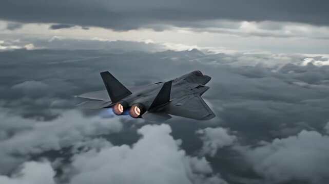 Fighter jet flying above clouds