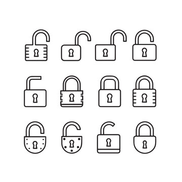Collection of padlock icons open and closed security symbols line art