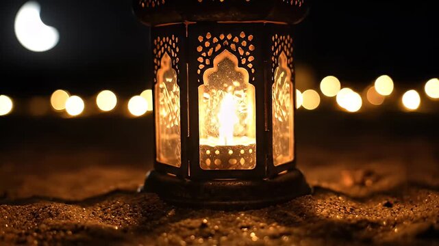 Close up of an old metal lantern with a lit candle inside, casting warm light on sand and blurred