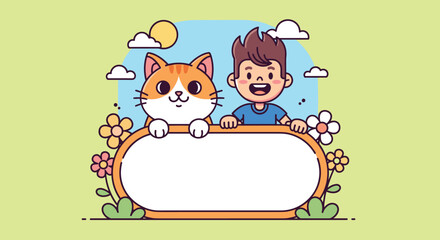 Cartoon Boy and Cat Illustration Together.