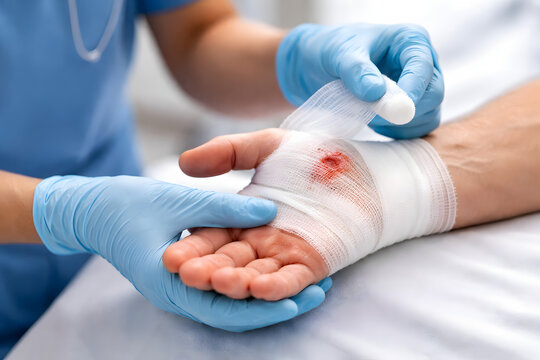 Medical wound dressing on injured hand, sterile bandage treatment by nurse wearing blue gloves, first aid skin abrasion care, healthcare emergency procedure, clinical patient recovery, hospital wound 