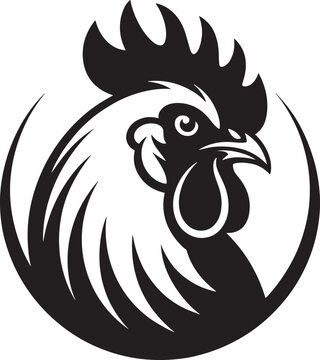 Bold Black and White Vector Silhouette of a Rooster's Head in a Circle