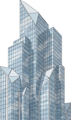 Fototapeta premium Modern glass skyscraper with geometric angular facade and multifaceted design showcasing contemporary architectural style and urban development against a clean white background
