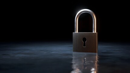 Fototapeta premium A closed metal padlock with a keyhole rests on a dark wet reflective surface under dramatic lighting symbolizing security and privacy