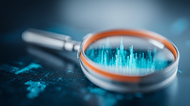 Magnifying glass over a data chart symbolizing business intelligence monitoring, performance analytics, and evidence based decisions.
