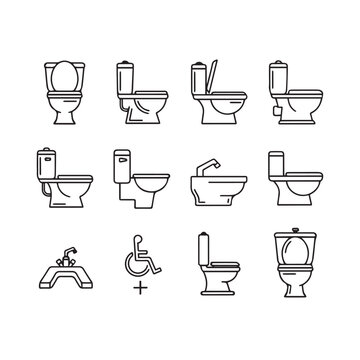 Collection of Toilet Icons Including Accessible and Modern Designs Line Art