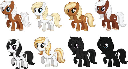 Fototapeta premium Cute cartoon pony character set, colorful fantasy horse collection, kawaii style vector illustration, adorable animal mascots isolated for kids design