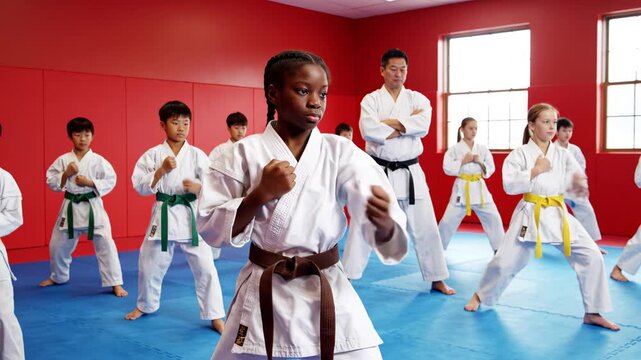 Children practicing martial arts in a dojo