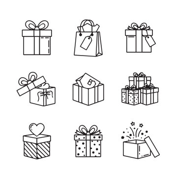 Gift Boxes and Bag Icons Simple Line Art Celebration and Surprise Elements Isolated on White