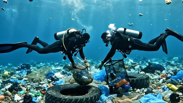 Scuba divers collecting underwater trash