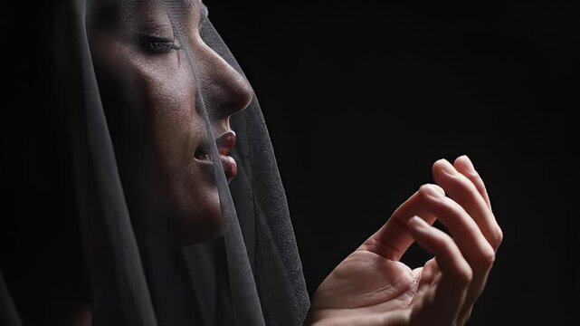 Close-up of a woman praying with veiled face and outstretched hands in dramatic dim lighting