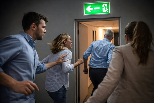 Office workers evacuating building through emergency exit door during alarm alert, fire drill safety procedure concept, workplace evacuation training, disaster preparedness response, corporate emergen