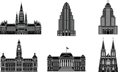 Fototapeta premium Famous architecture landmarks silhouette set, black and white vector illustration collection of historic buildings, city skyline icons, isolated urban design elements