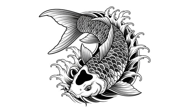 Black and white koi fish illustration with flowing waves. Traditional Japanese tattoo vector design.
