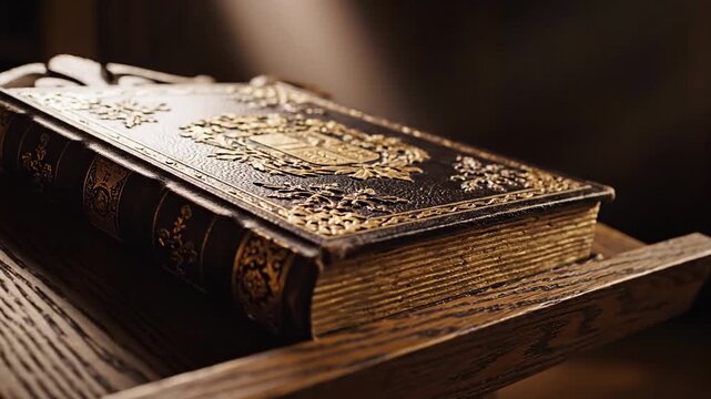 Antique Ornate Leather Book with Gilded Edges Resting on a Wooden Lectern in Soft Light