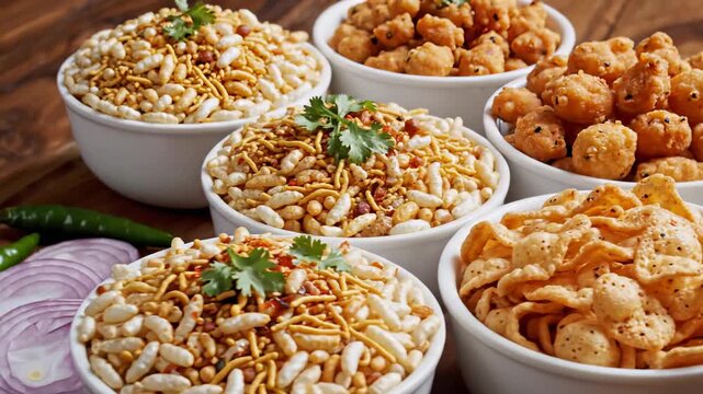 Assortment of Savory Indian Snacks in White Bowls, Garnished with Cilantro, Featuring Puffed Rice