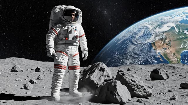 Astronaut on the Moon with Earth in Background