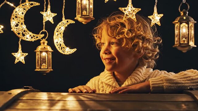 Curious young boy with blonde curly hair peeking over wooden chest, illuminated by festive Ramadan