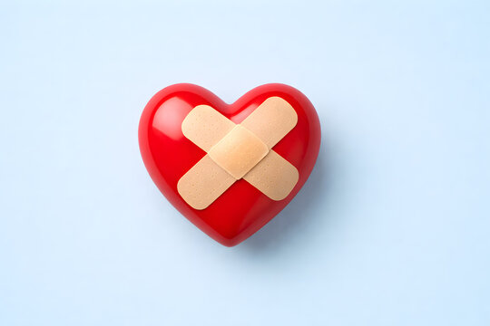 Red heart with adhesive bandage symbol on soft blue background, emotional healing and mental health recovery concept, love care support therapy metaphor, compassion wellness relationship repair, psych