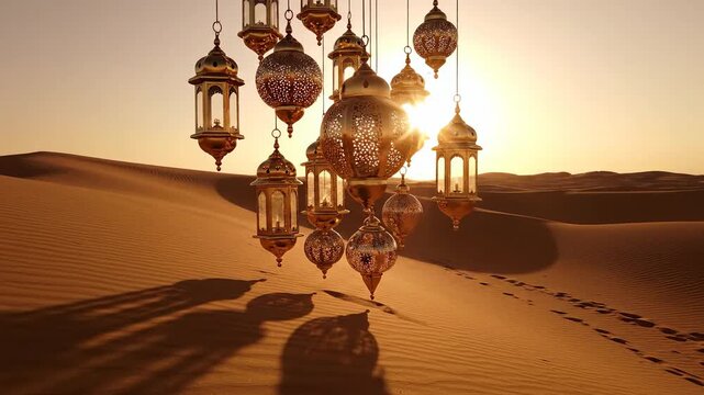 Golden Islamic Lanterns Hanging in Desert Dunes at Sunset, Ramadan Decorations and Celebration