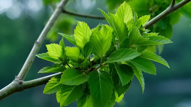 Close-Up of Lush Green Hydrangea Leaves on a Branch Swaying Gently in the Wind