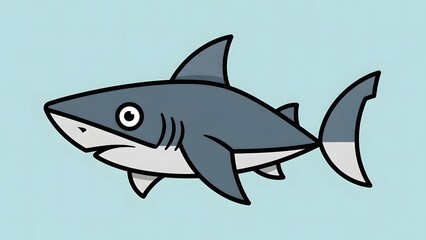 Fototapeta premium Cute cartoon shark flat vector illustration on blue background. Funny marine animal mascot icon. 