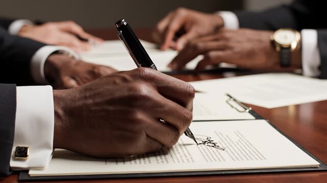 Hands signing documents at a meeting