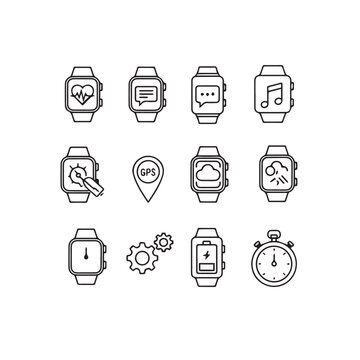 Smartwatch Icons Collection with Health GPS Music and Battery Features