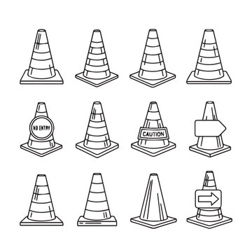 Traffic Cones Collection Set Various Types Road Safety Warning Line Art Style