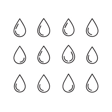 Twelve Water Drop Icons Simple Line Art Minimalist Design Isolated on White Background